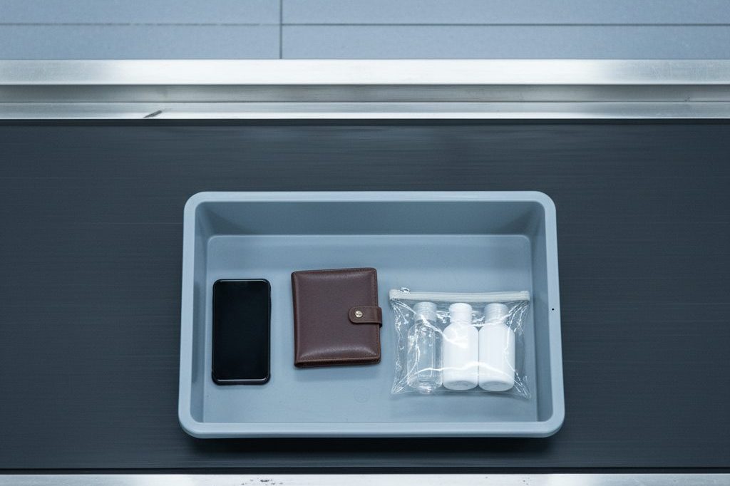 Gray airport security bin with personal items on an x-ray conveyor