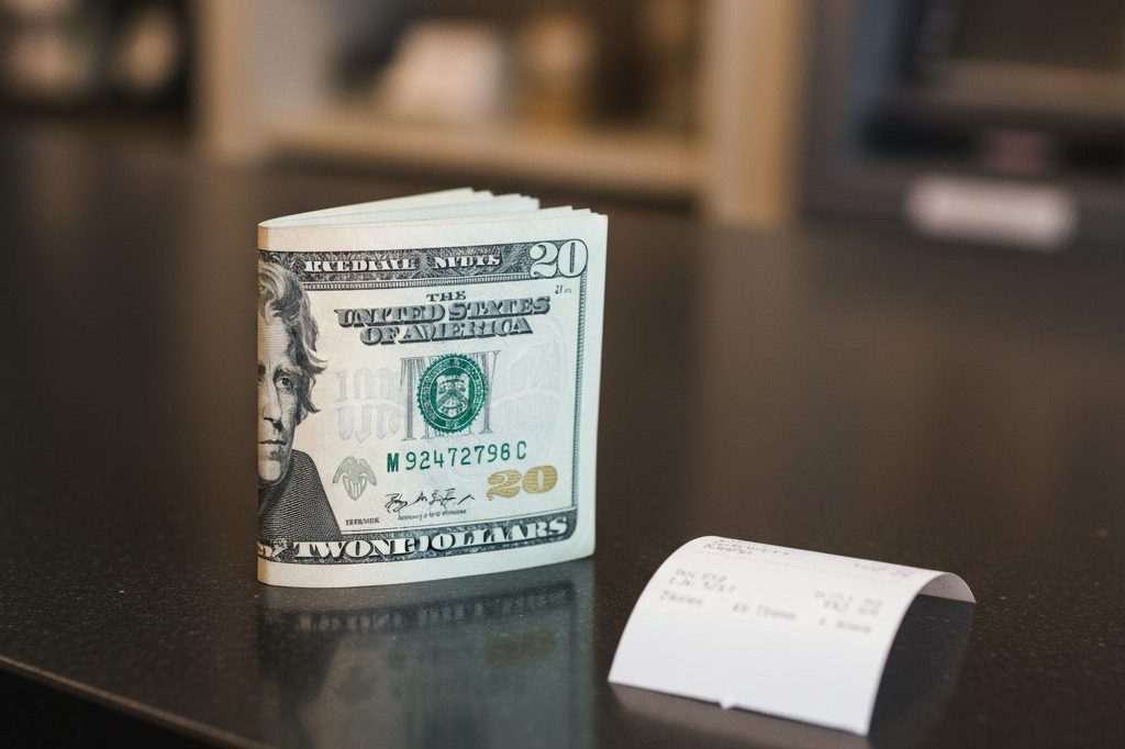 Cash on a dispensary counter near an ATM receipt