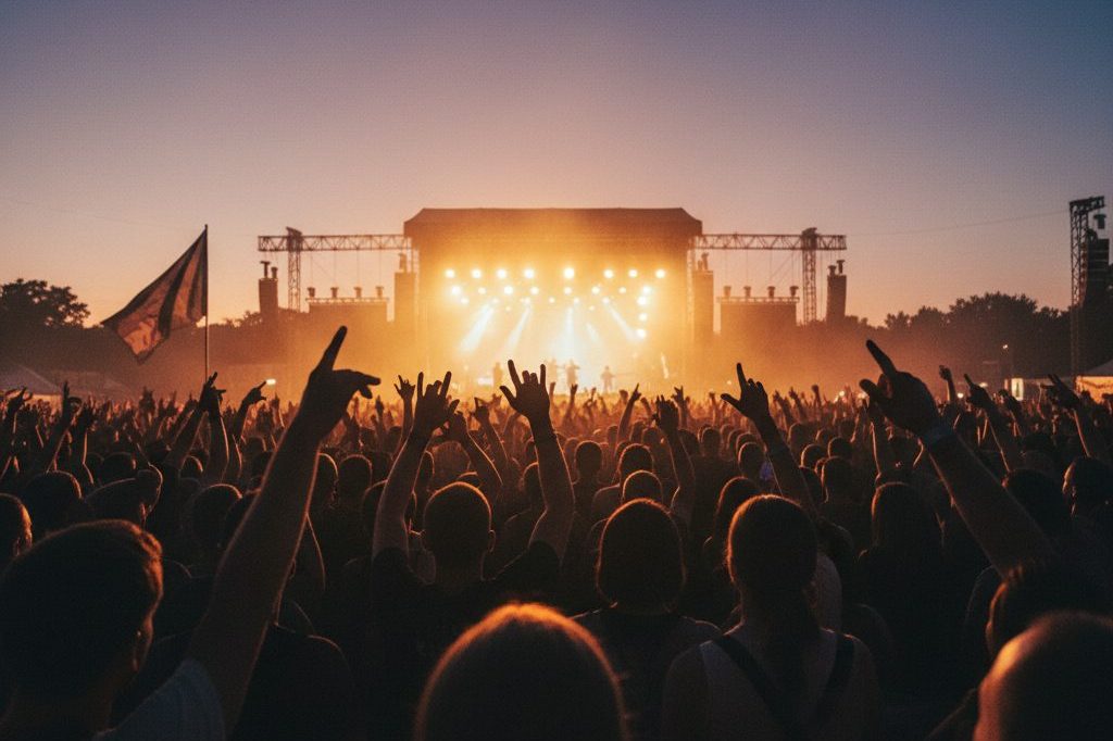 Concert crowd silhouetted against stage lights at dusk