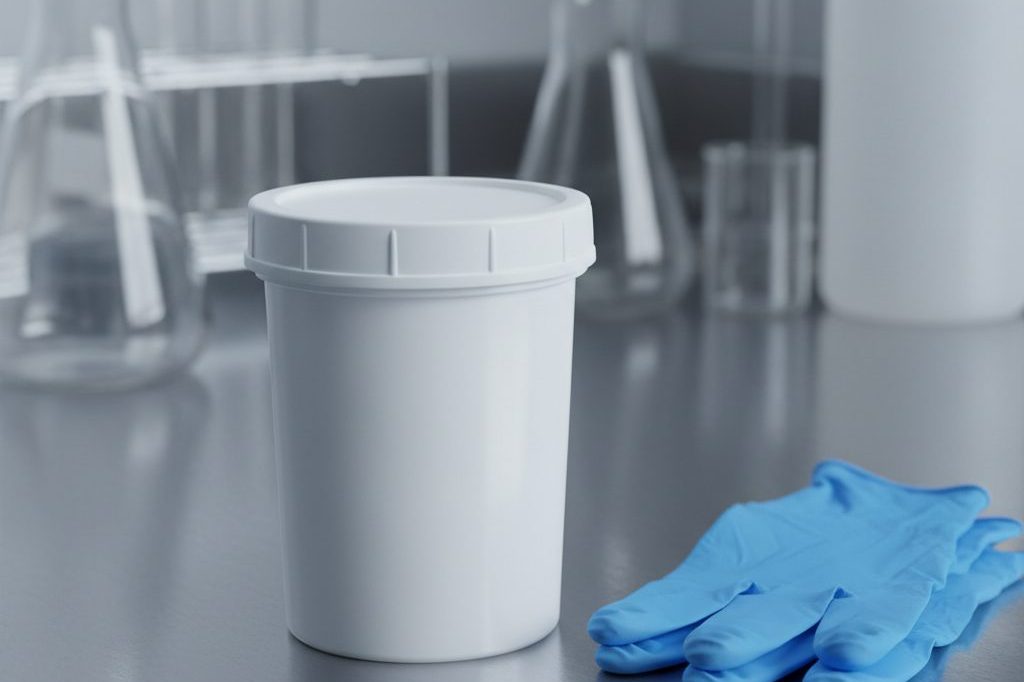 Specimen collection cup and gloves on a clinical lab counter