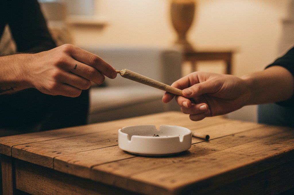 Hands passing a cannabis joint across a coffee table — etiquette basics