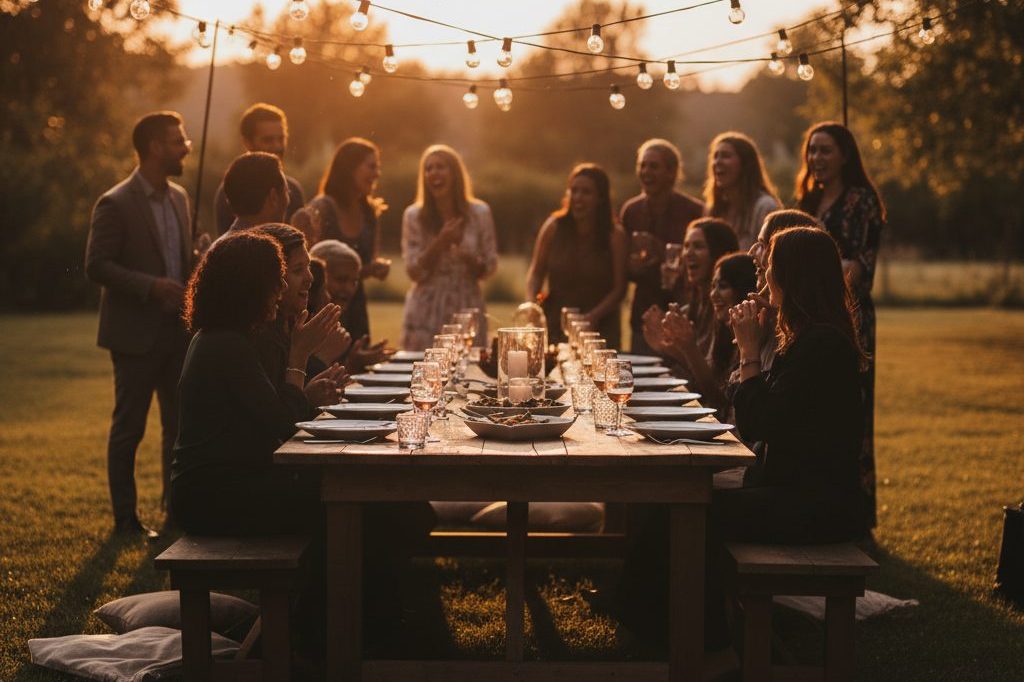 A small gathering at dusk, candles lit on a long table.