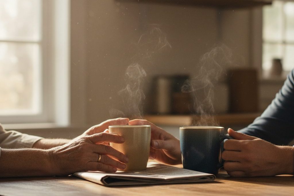 Two pairs of hands at a kitchen table with coffee mugs — family conversation
