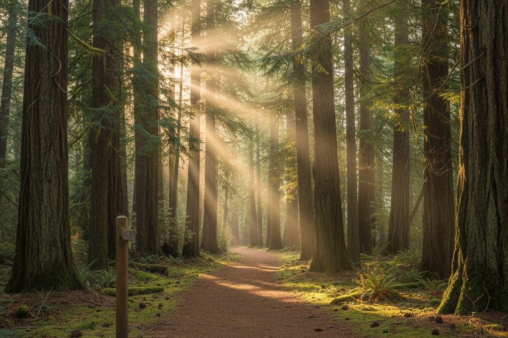 Forested hiking trail with a wooden marker post in morning light