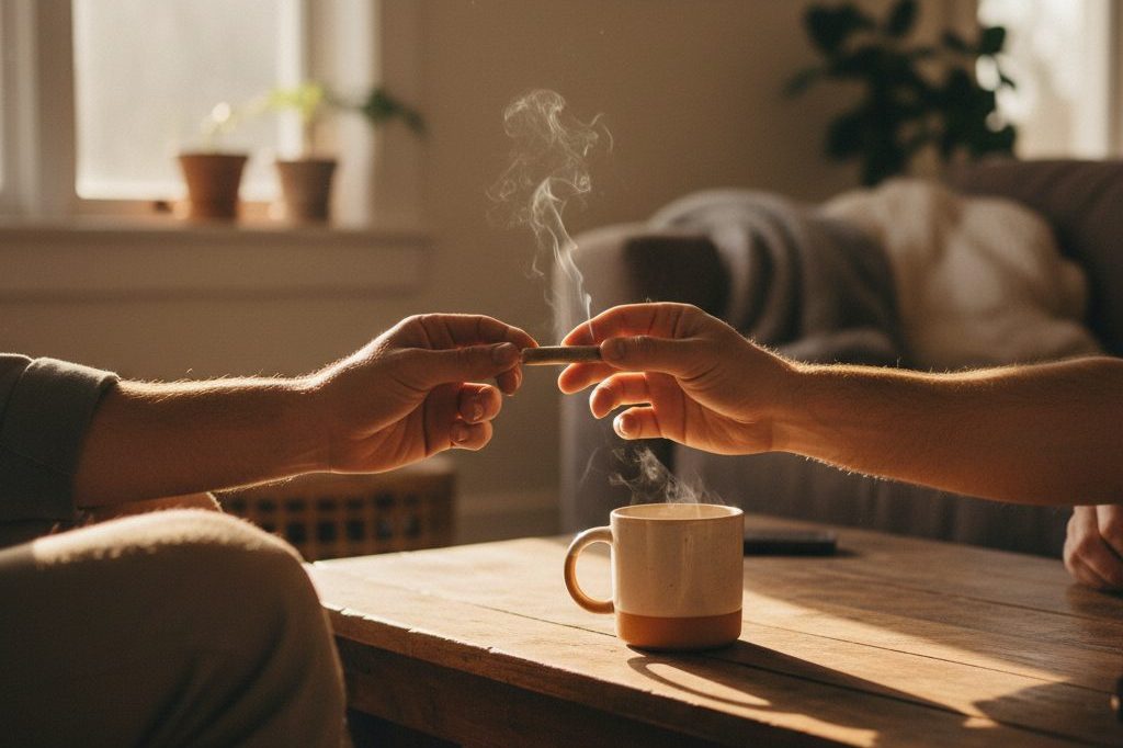 Friends sharing a cannabis joint in a relaxed session, illustrating the puff-puff-pass rotation