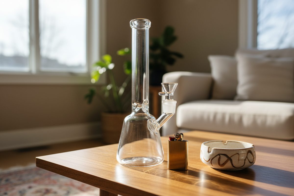 A glass dab rig and torch on a low table.