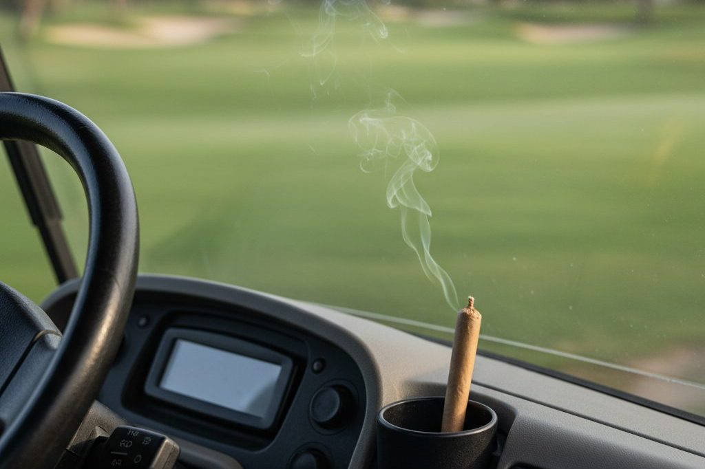 Pre-roll resting in a golf cart cup holder on a fairway morning