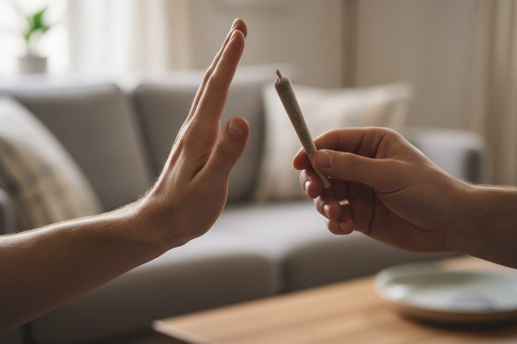 A person gently waving off an offered joint.