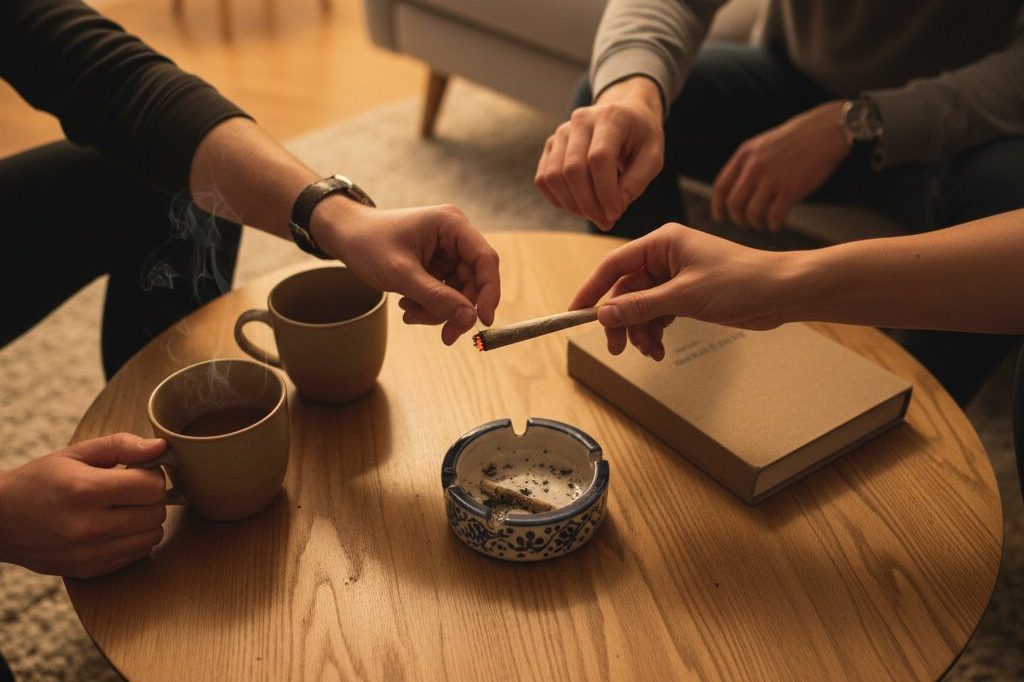 A group of friends passing a cannabis joint counter-clockwise in a circle