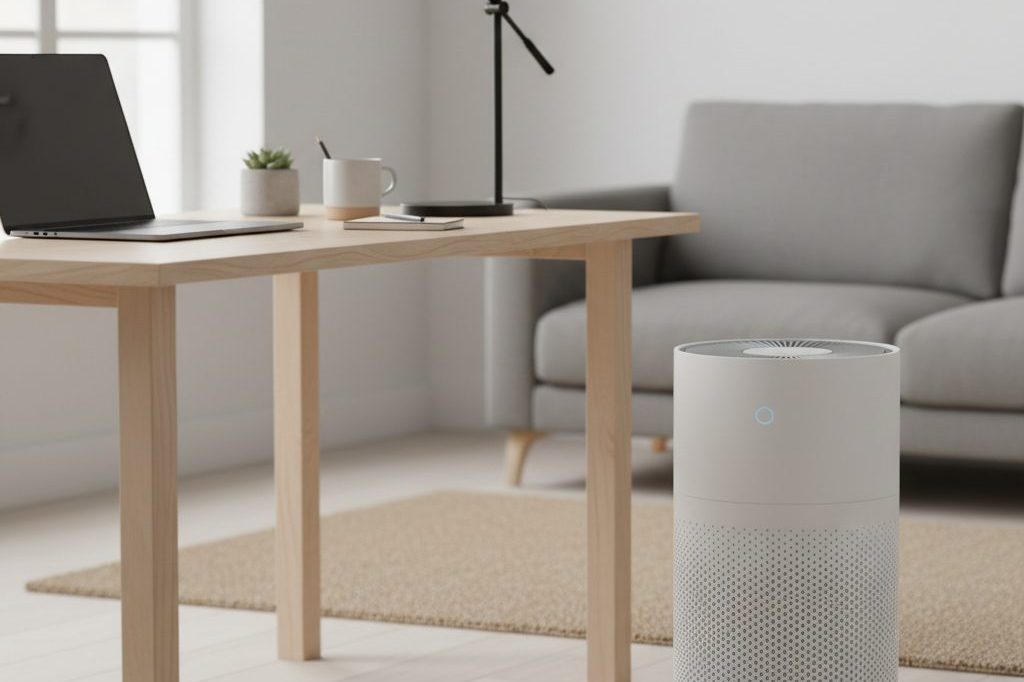 A modern air purifier running in a quiet room.
