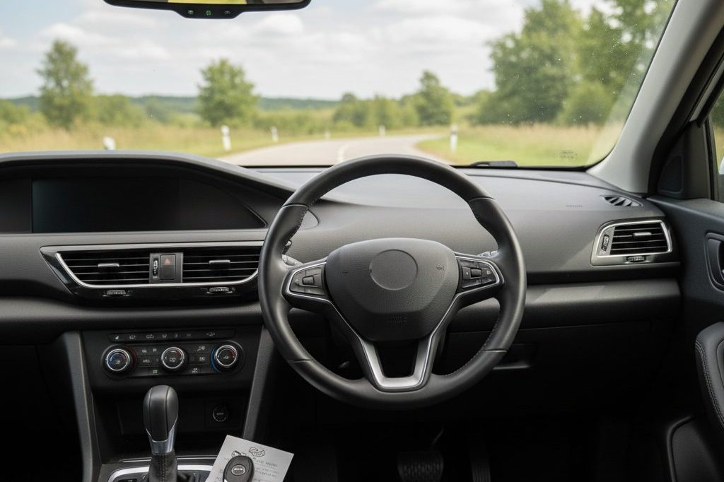 Interior of a modern rental car with keys in the cup holder