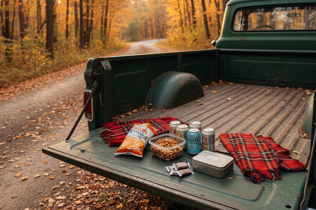 Tailgate spread with snacks, drinks, and a small tin of edibles