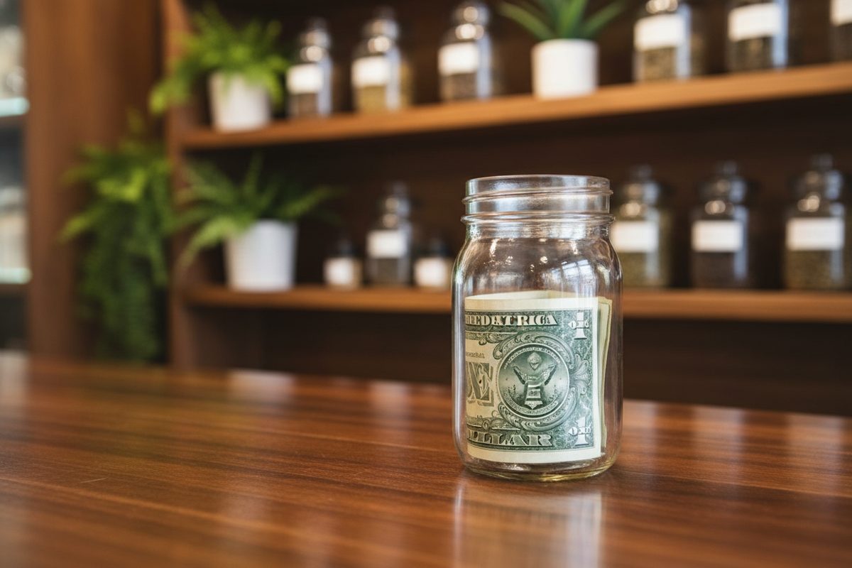 Glass tip jar with folded dollar bills on a dispensary counter