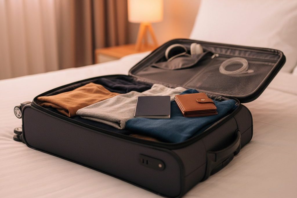 Carry-on suitcase with passport and wallet on a bed — packing for travel